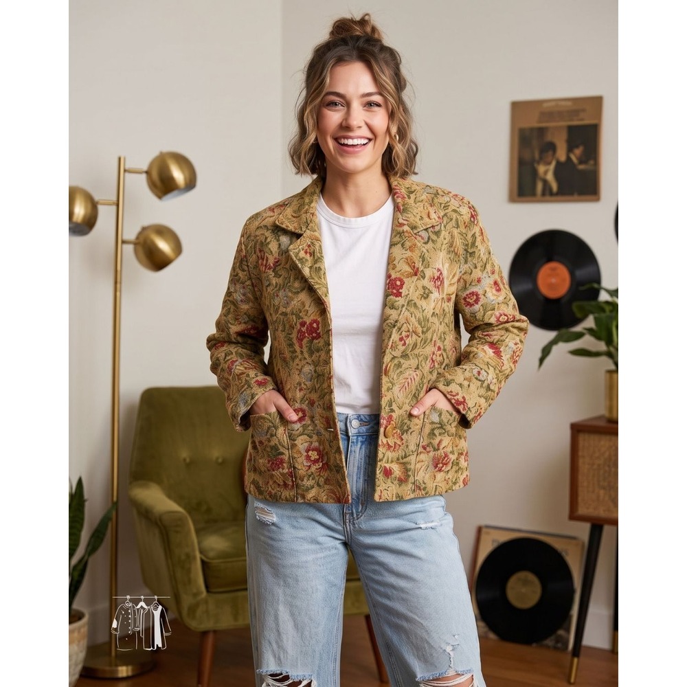 Womens S M Cottagecore Grandmacore Tapestry Floral Jacket Vintage 90s USA Blazer
